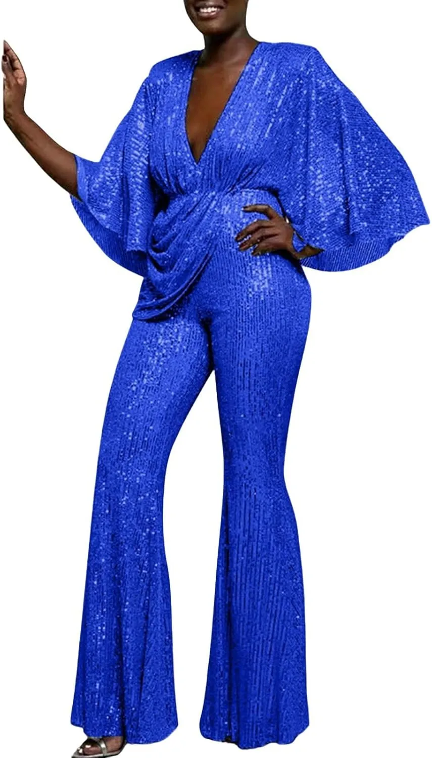 GOKKILRW Women's Sexy Sparkly Jumpsuits Elegant Deep V Neck Sequin Flare Long Sleeve Pants Outfit Cocktail Party Club Rompers