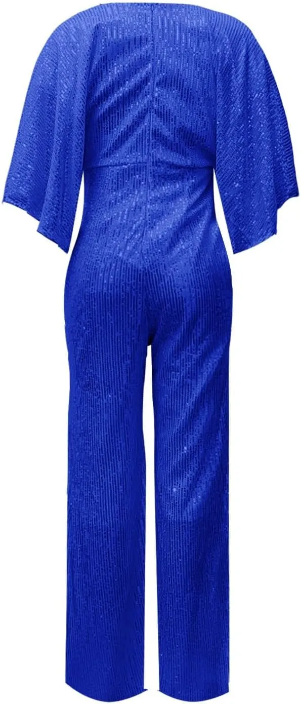 GOKKILRW Women's Sexy Sparkly Jumpsuits Elegant Deep V Neck Sequin Flare Long Sleeve Pants Outfit Cocktail Party Club Rompers