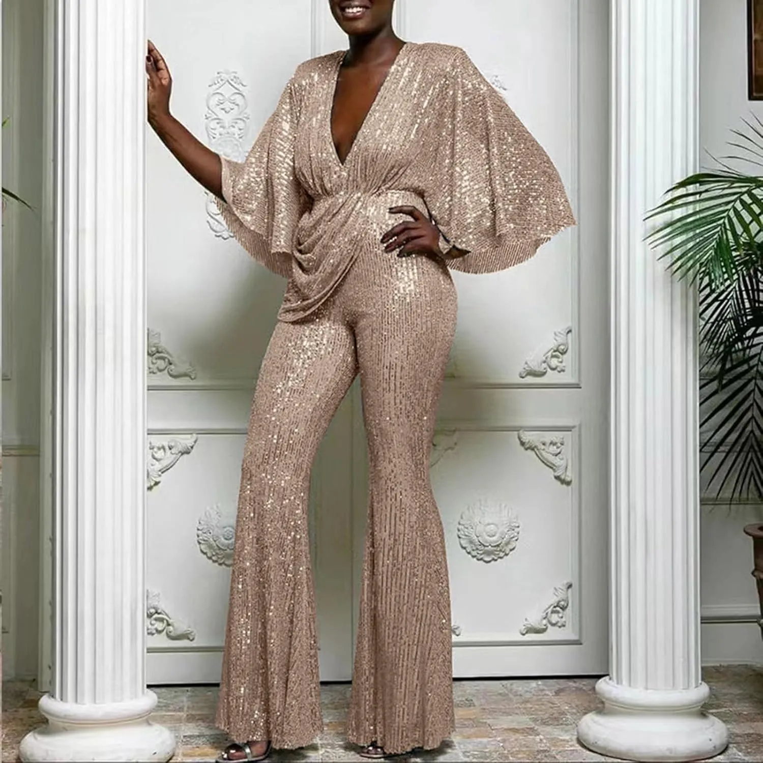GOKKILRW Women's Sexy Sparkly Jumpsuits Elegant Deep V Neck Sequin Flare Long Sleeve Pants Outfit Cocktail Party Club Rompers