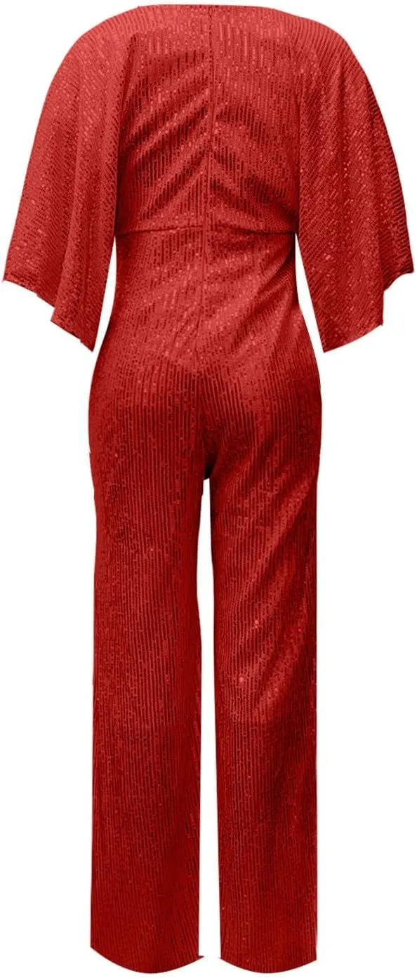 GOKKILRW Women's Sexy Sparkly Jumpsuits Elegant Deep V Neck Sequin Flare Long Sleeve Pants Outfit Cocktail Party Club Rompers