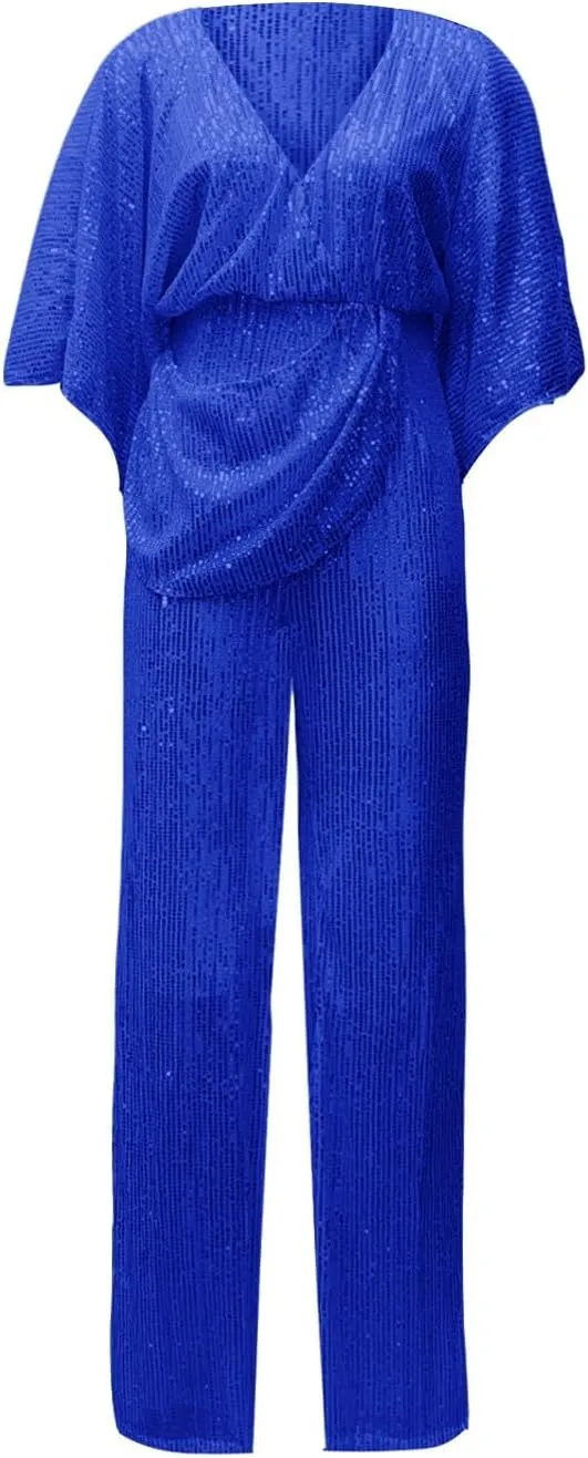 GOKKILRW Women's Sexy Sparkly Jumpsuits Elegant Deep V Neck Sequin Flare Long Sleeve Pants Outfit Cocktail Party Club Rompers