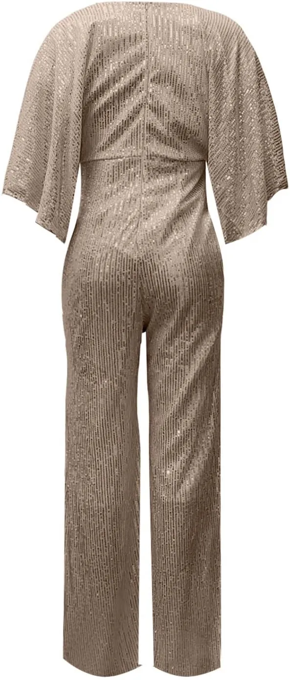 GOKKILRW Women's Sexy Sparkly Jumpsuits Elegant Deep V Neck Sequin Flare Long Sleeve Pants Outfit Cocktail Party Club Rompers