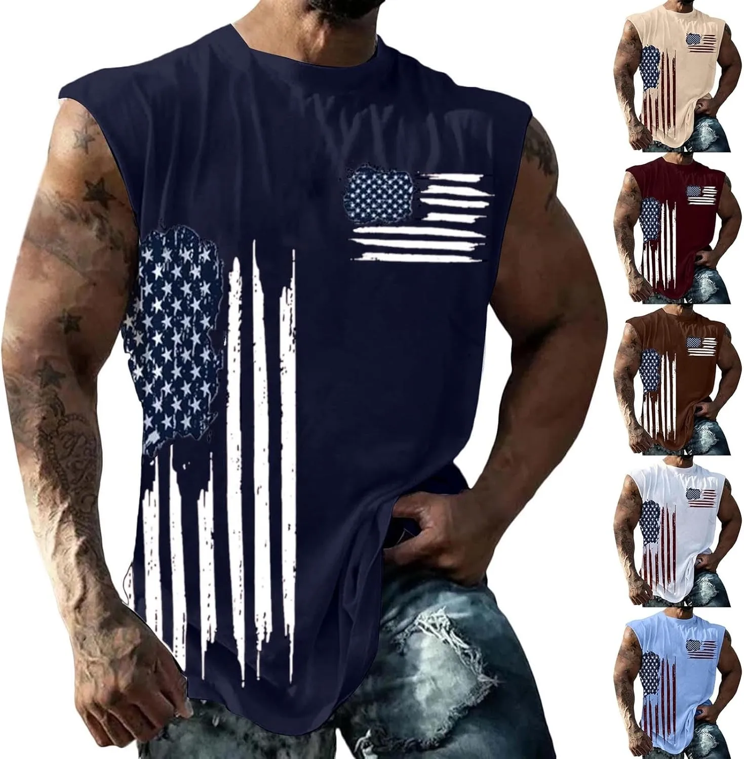 Graphic Tank Tops for Men Sleeveless USA Flag Shirts 4th of July Bodybuilding Tees Workout Gym Muscle Cut Off Tshirt Vests