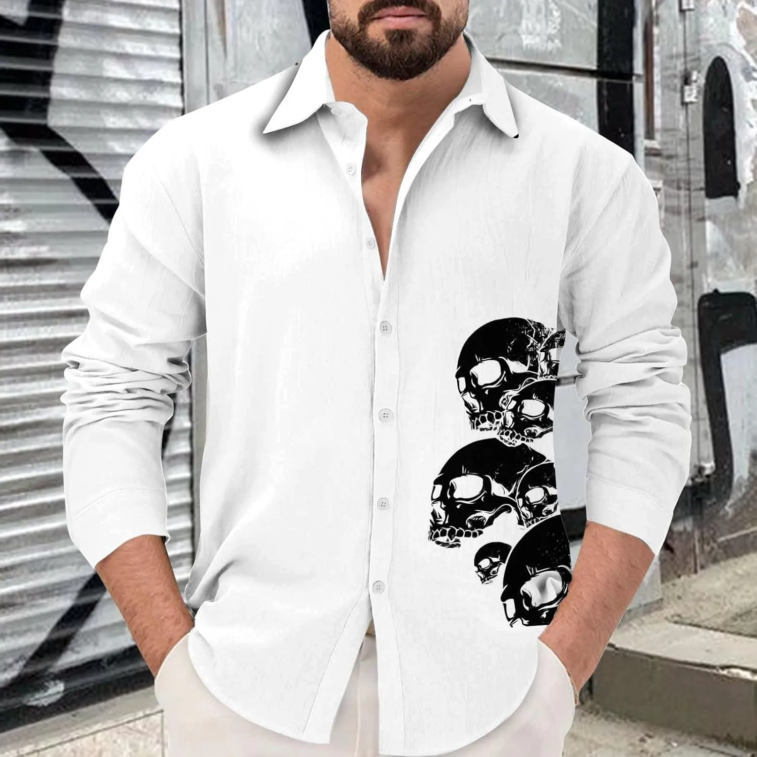 Halloween Shirts for Men Funky 3D Printed Long Sleeve Button Down T Shirt Up Party Dress Shirts Hawaiian Tee Tops