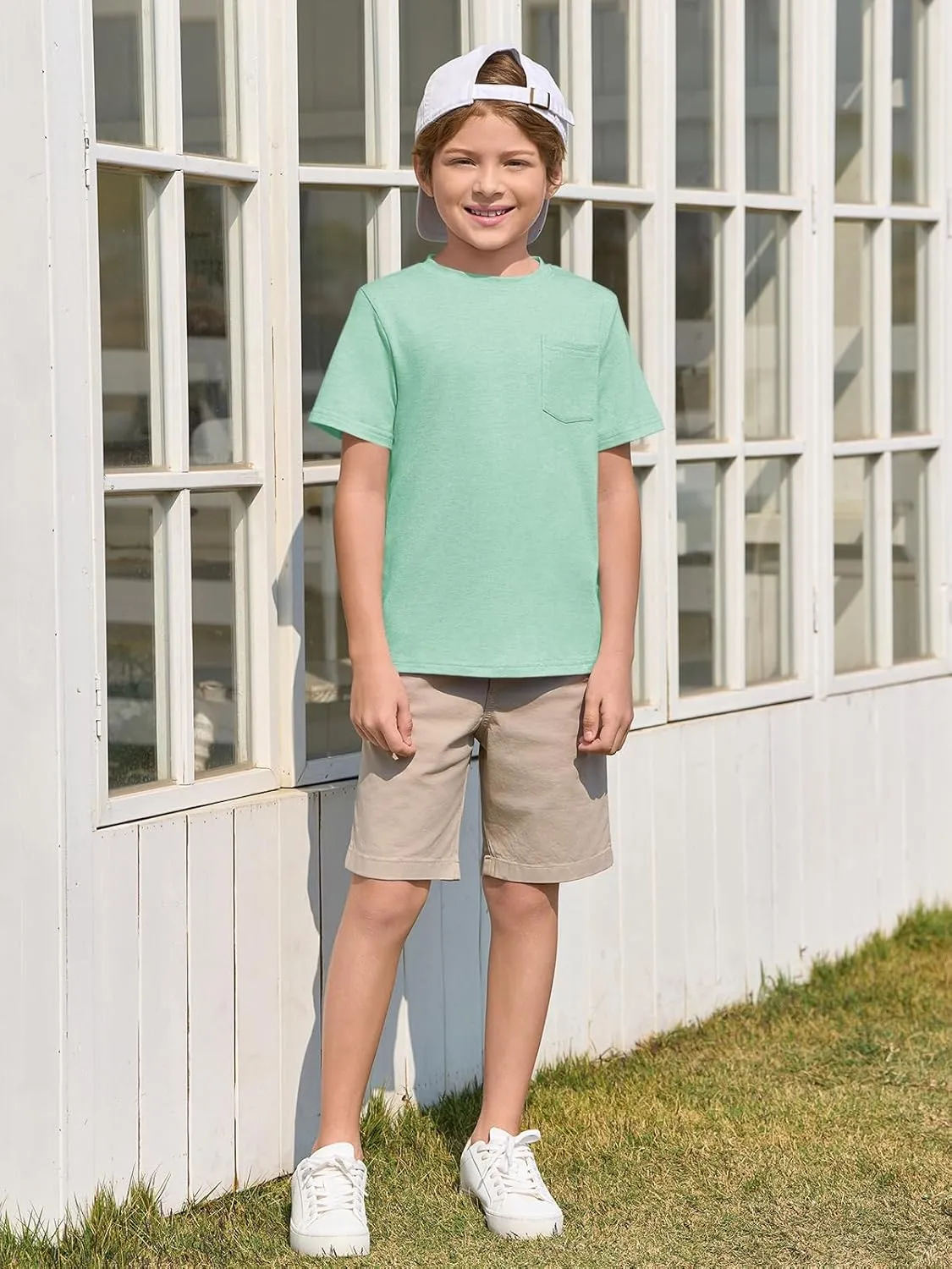 Haloumoning Boys T Shirts Kids Short Sleeve Pocket Shirt Crewneck Summer Basic Tee Tops 5-14 Years
