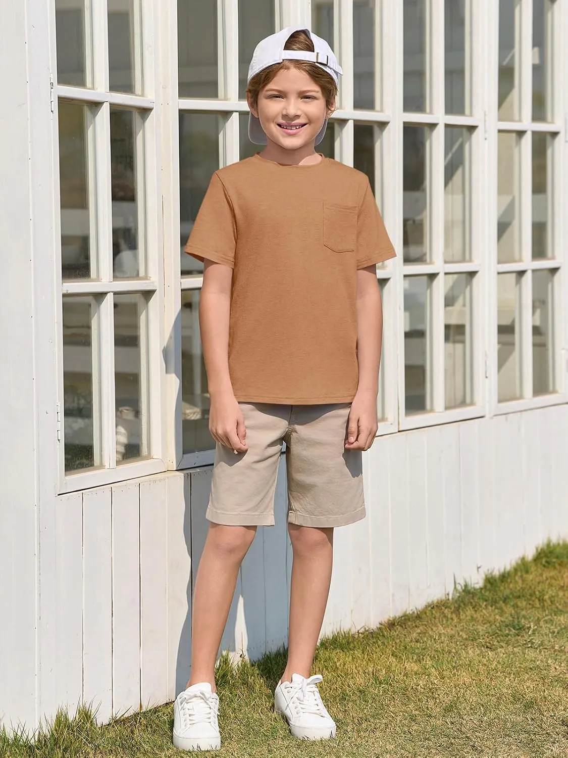 Haloumoning Boys T Shirts Kids Short Sleeve Pocket Shirt Crewneck Summer Basic Tee Tops 5-14 Years
