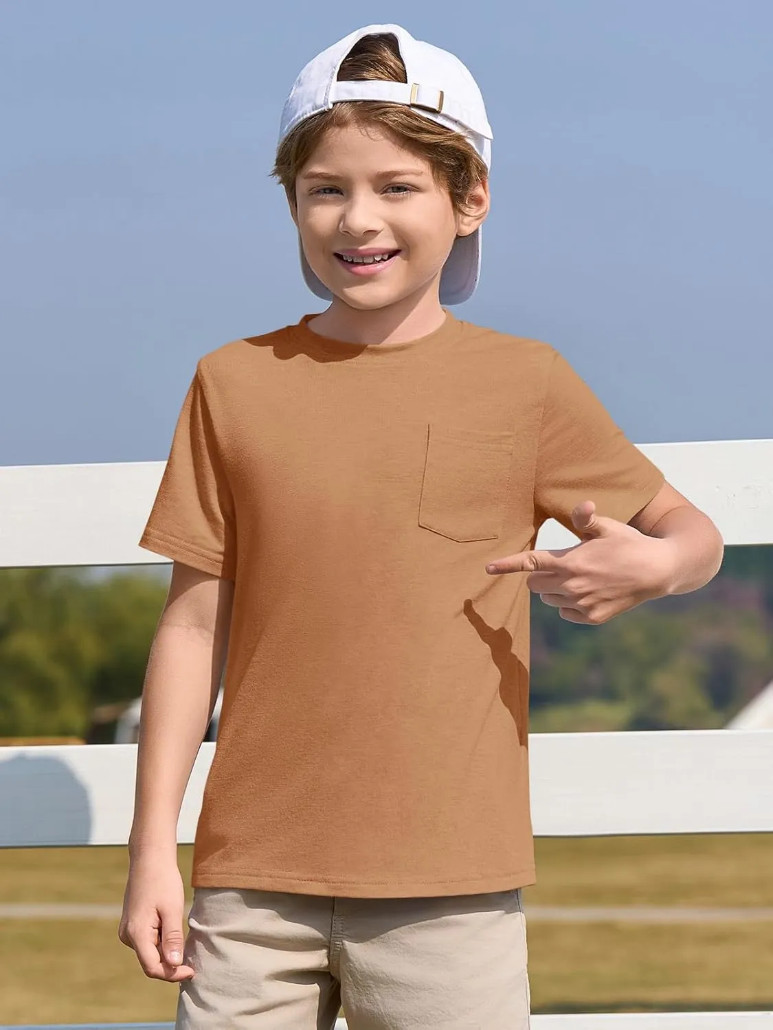 Haloumoning Boys T Shirts Kids Short Sleeve Pocket Shirt Crewneck Summer Basic Tee Tops 5-14 Years