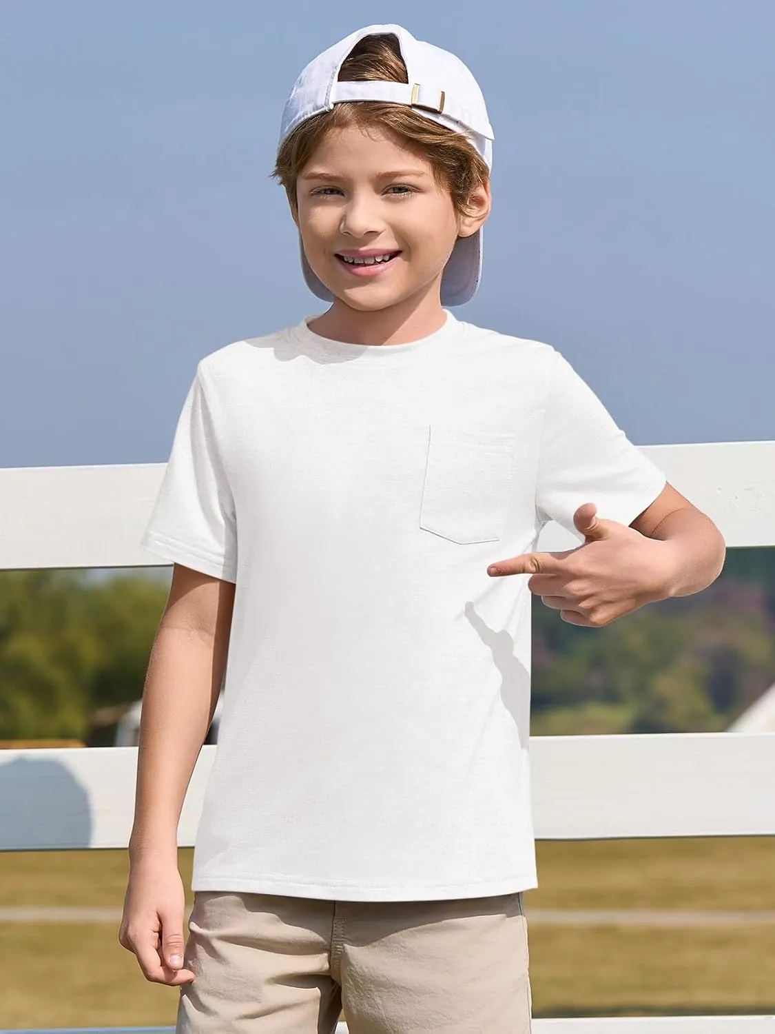 Haloumoning Boys T Shirts Kids Short Sleeve Pocket Shirt Crewneck Summer Basic Tee Tops 5-14 Years