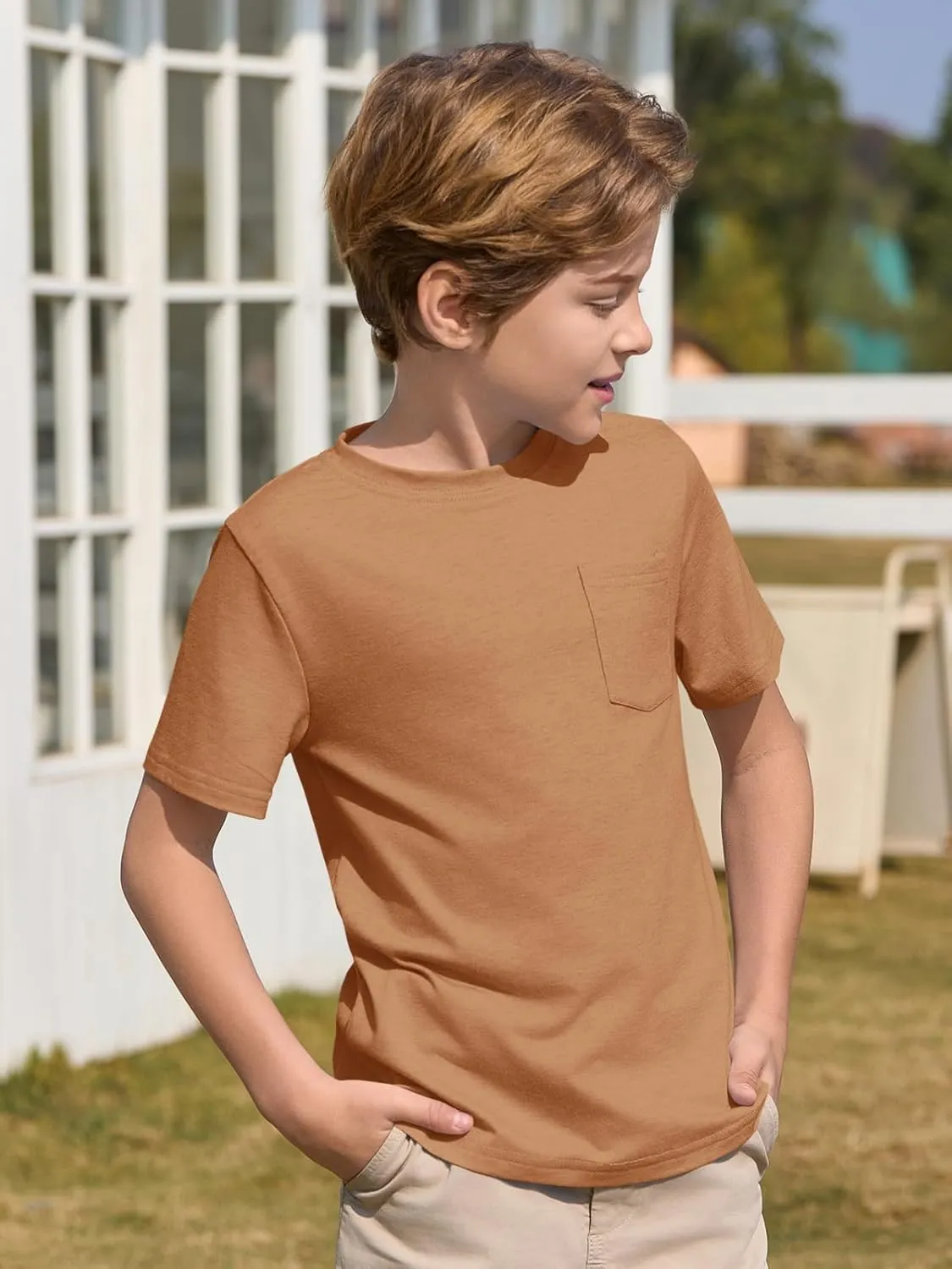 Haloumoning Boys T Shirts Kids Short Sleeve Pocket Shirt Crewneck Summer Basic Tee Tops 5-14 Years