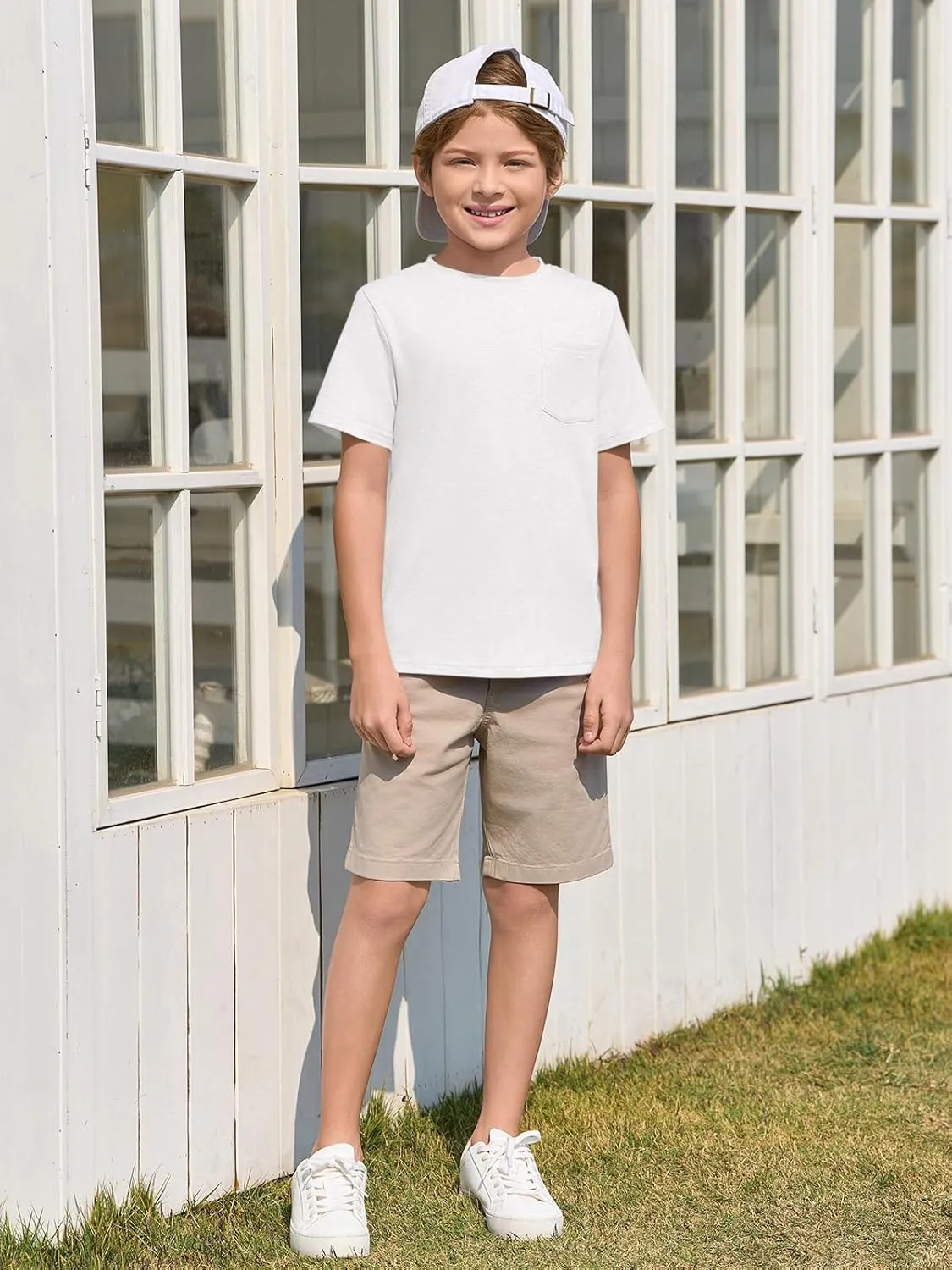 Haloumoning Boys T Shirts Kids Short Sleeve Pocket Shirt Crewneck Summer Basic Tee Tops 5-14 Years