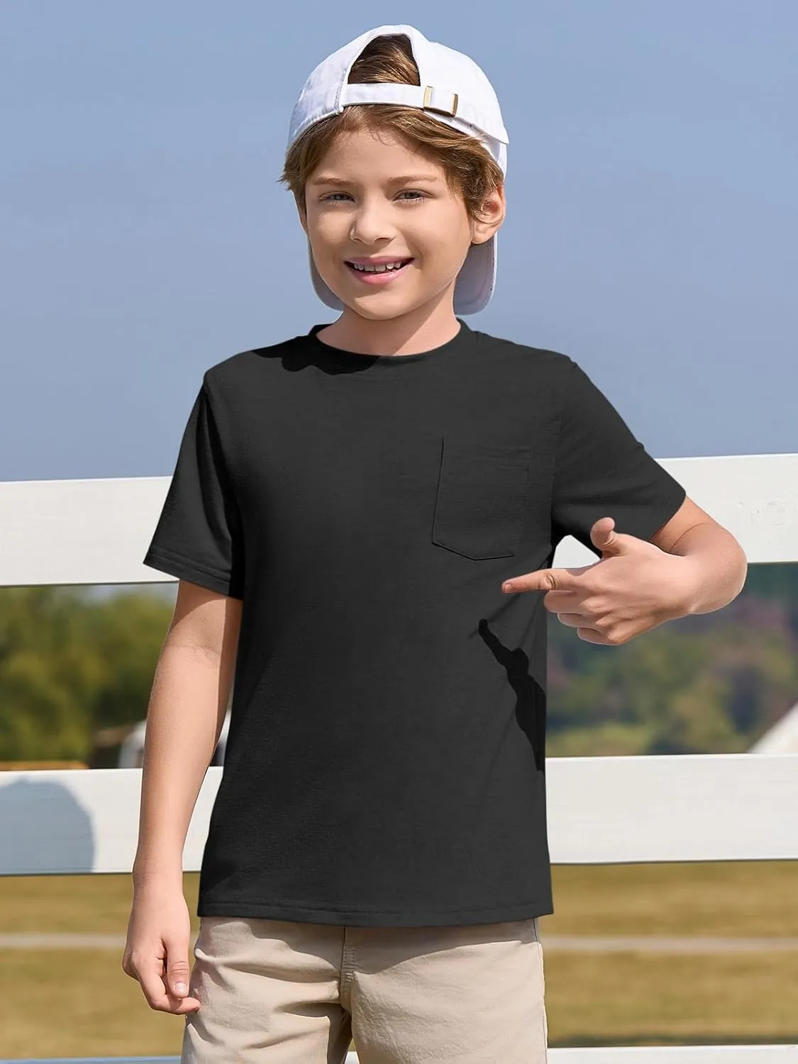 Haloumoning Boys T Shirts Kids Short Sleeve Pocket Shirt Crewneck Summer Basic Tee Tops 5-14 Years