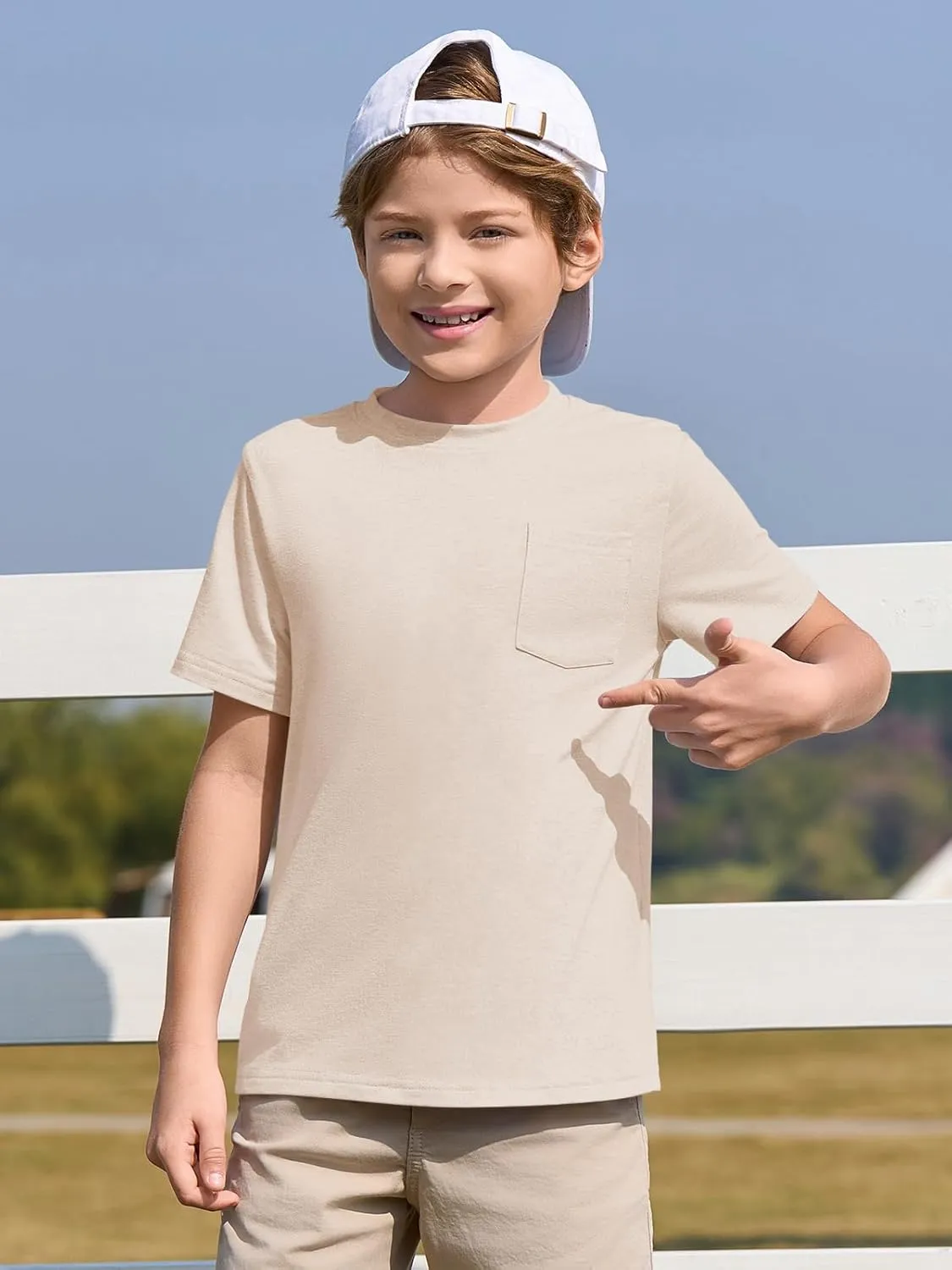 Haloumoning Boys T Shirts Kids Short Sleeve Pocket Shirt Crewneck Summer Basic Tee Tops 5-14 Years