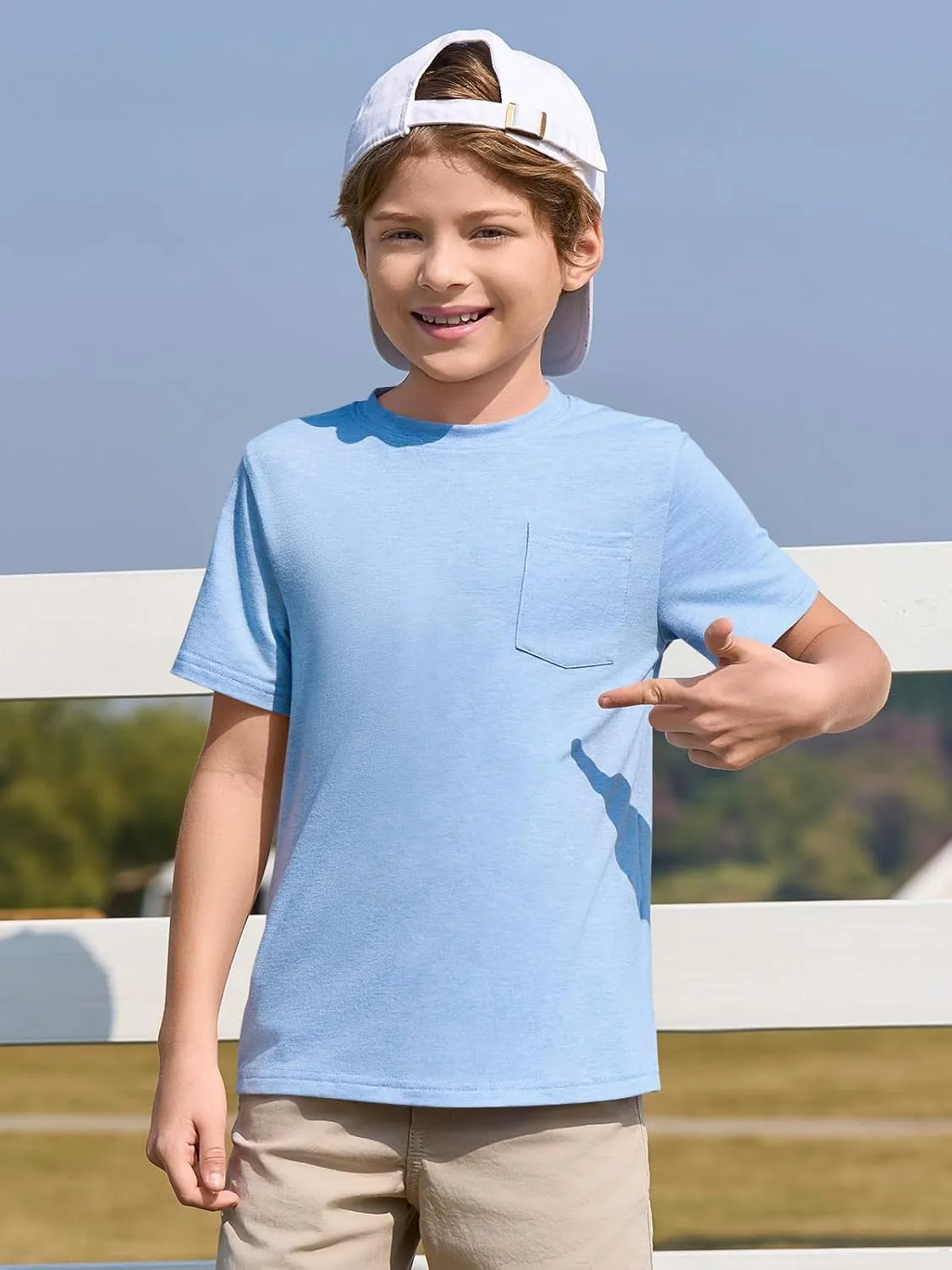 Haloumoning Boys T Shirts Kids Short Sleeve Pocket Shirt Crewneck Summer Basic Tee Tops 5-14 Years