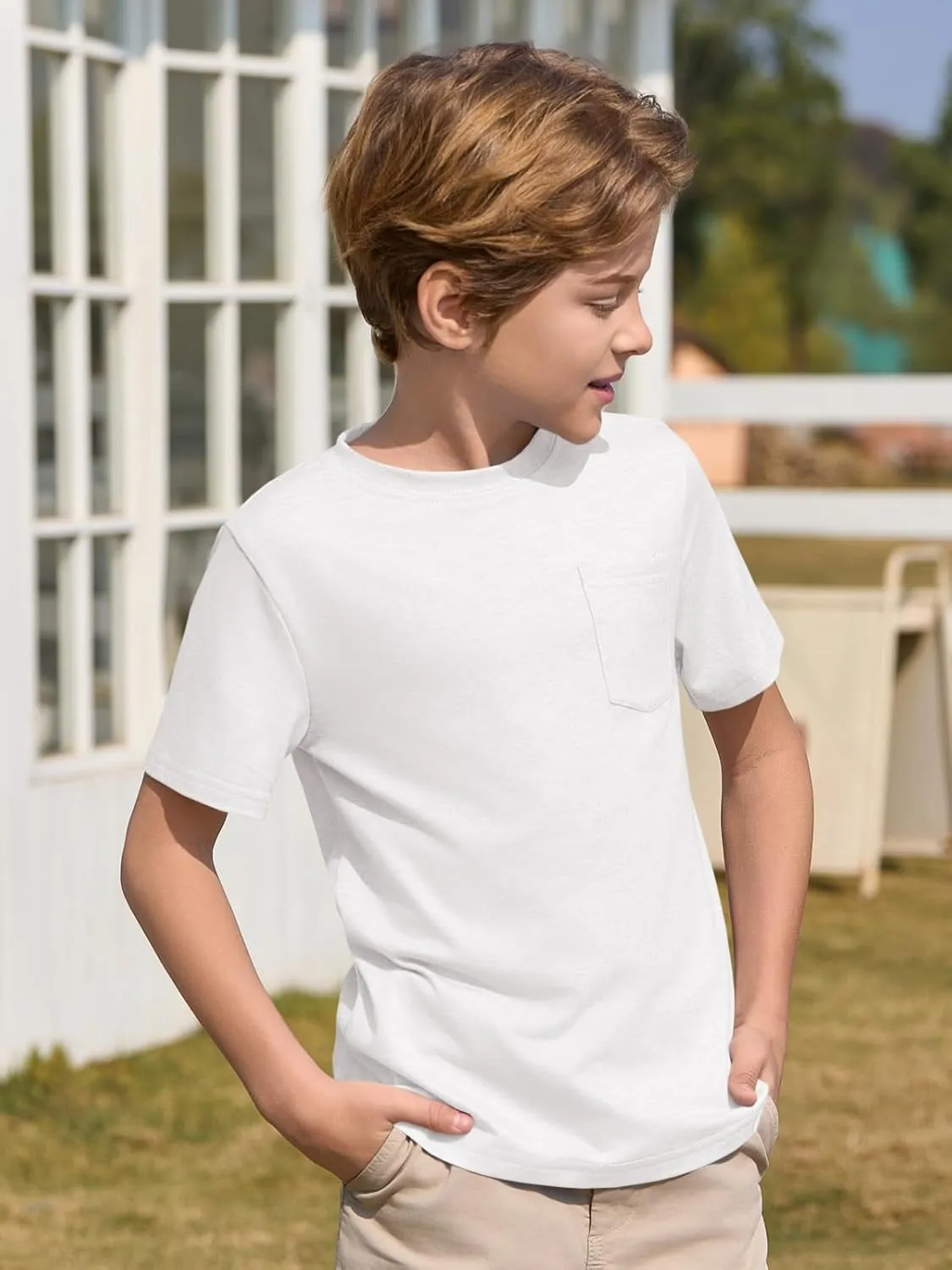 Haloumoning Boys T Shirts Kids Short Sleeve Pocket Shirt Crewneck Summer Basic Tee Tops 5-14 Years