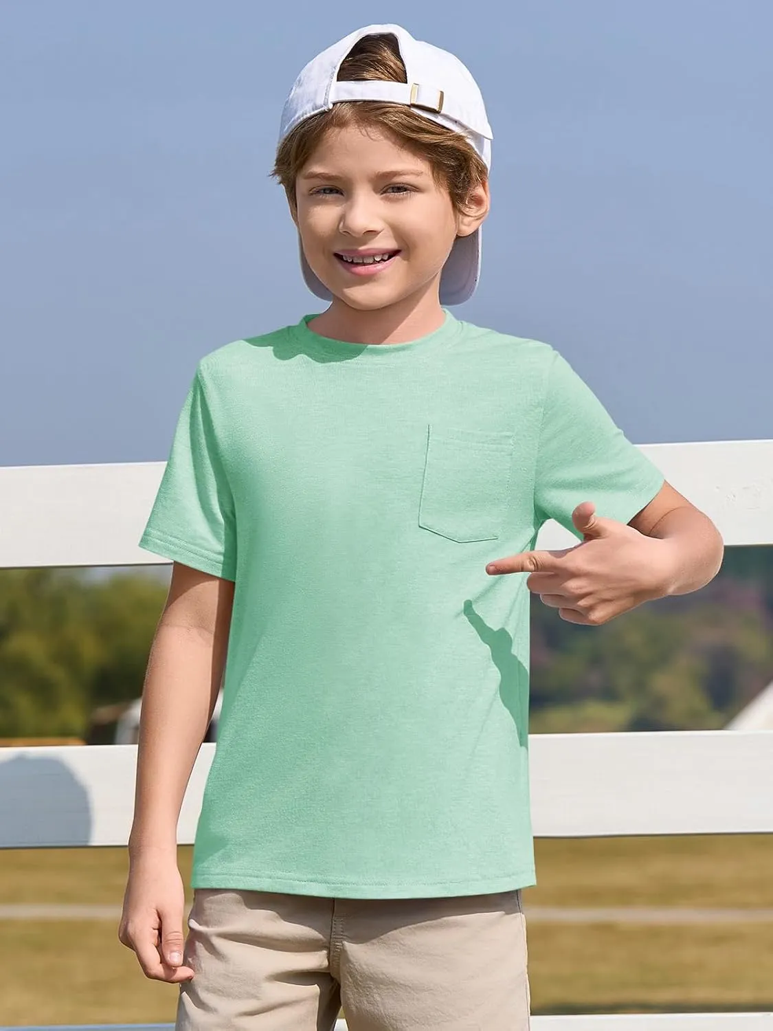 Haloumoning Boys T Shirts Kids Short Sleeve Pocket Shirt Crewneck Summer Basic Tee Tops 5-14 Years