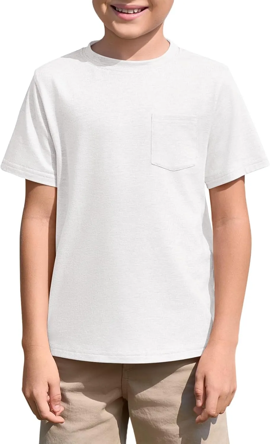 Haloumoning Boys T Shirts Kids Short Sleeve Pocket Shirt Crewneck Summer Basic Tee Tops 5-14 Years