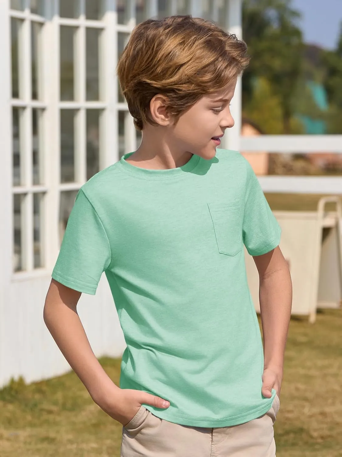 Haloumoning Boys T Shirts Kids Short Sleeve Pocket Shirt Crewneck Summer Basic Tee Tops 5-14 Years