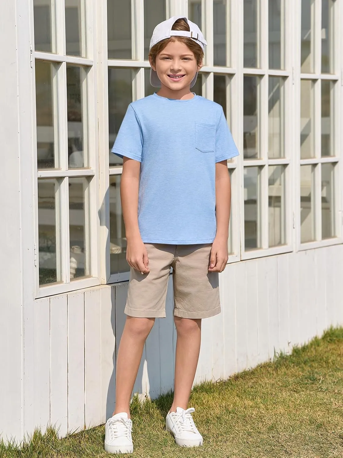 Haloumoning Boys T Shirts Kids Short Sleeve Pocket Shirt Crewneck Summer Basic Tee Tops 5-14 Years