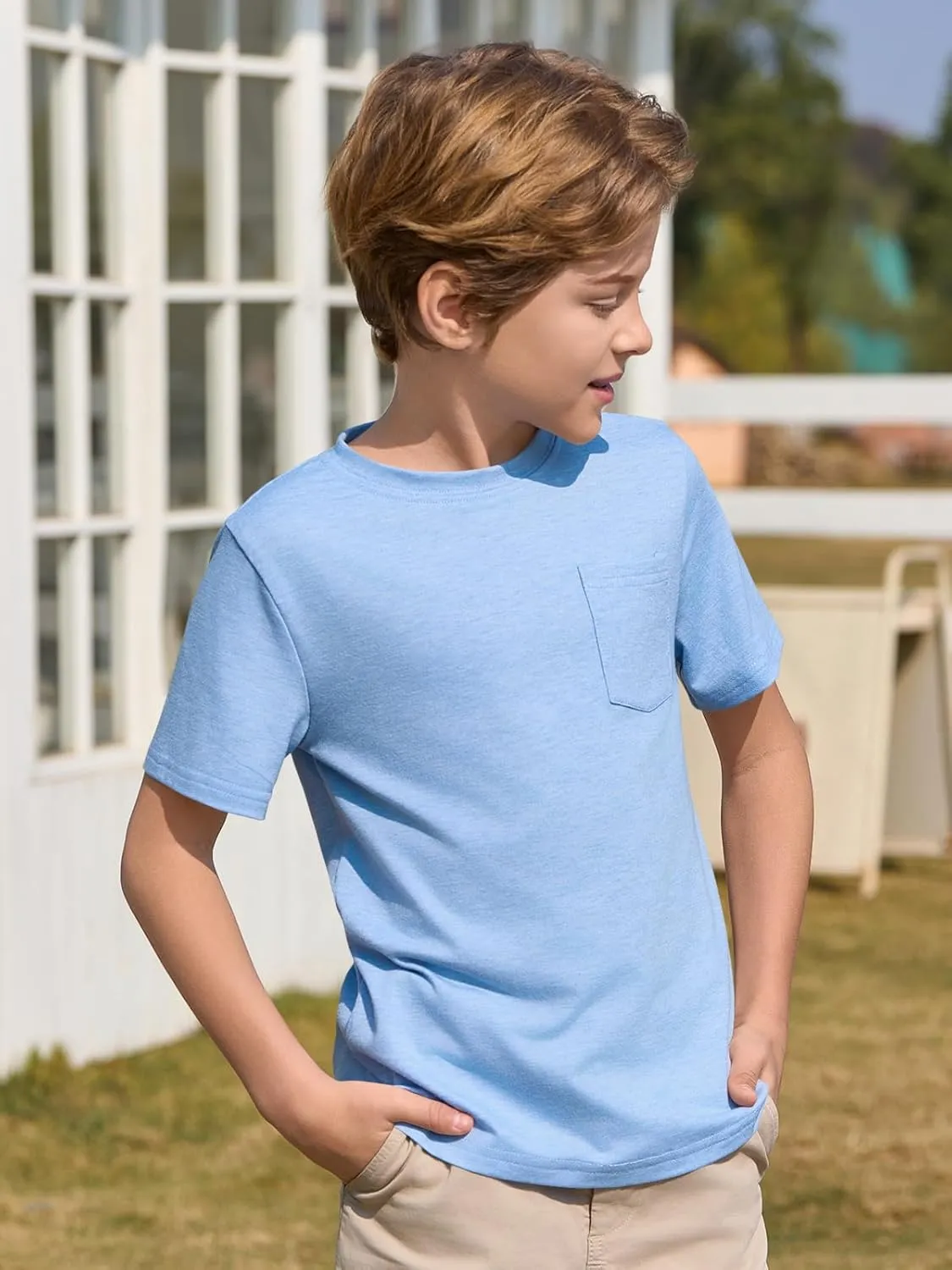 Haloumoning Boys T Shirts Kids Short Sleeve Pocket Shirt Crewneck Summer Basic Tee Tops 5-14 Years
