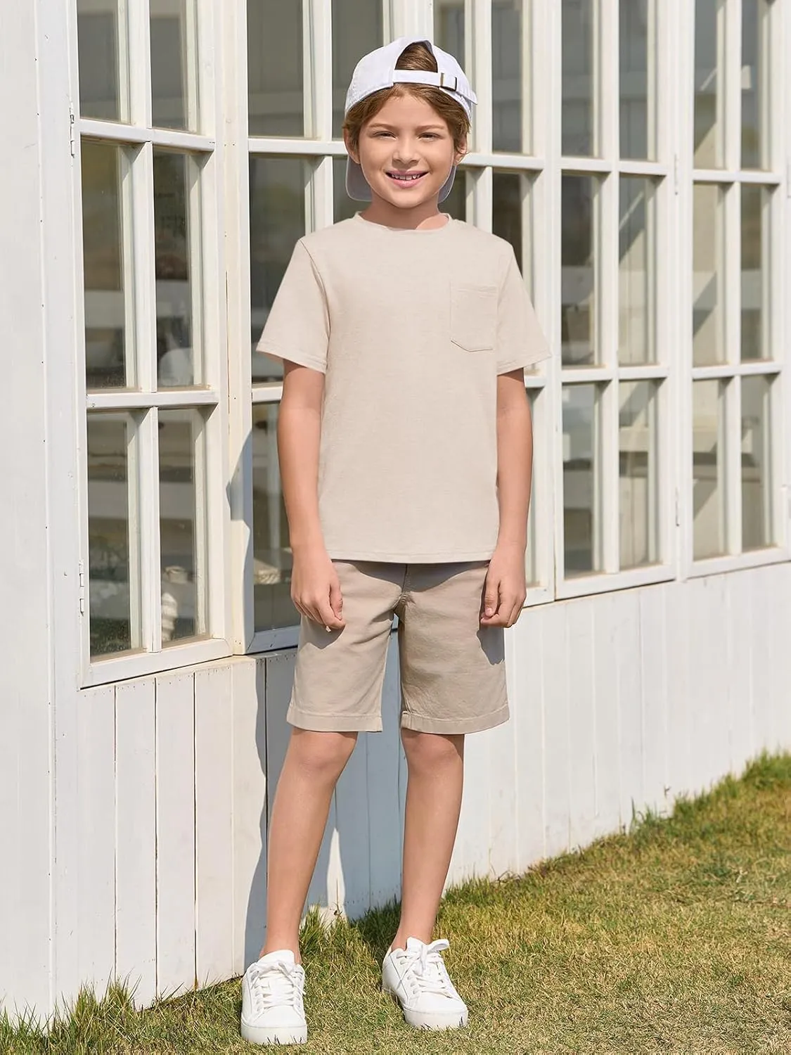 Haloumoning Boys T Shirts Kids Short Sleeve Pocket Shirt Crewneck Summer Basic Tee Tops 5-14 Years