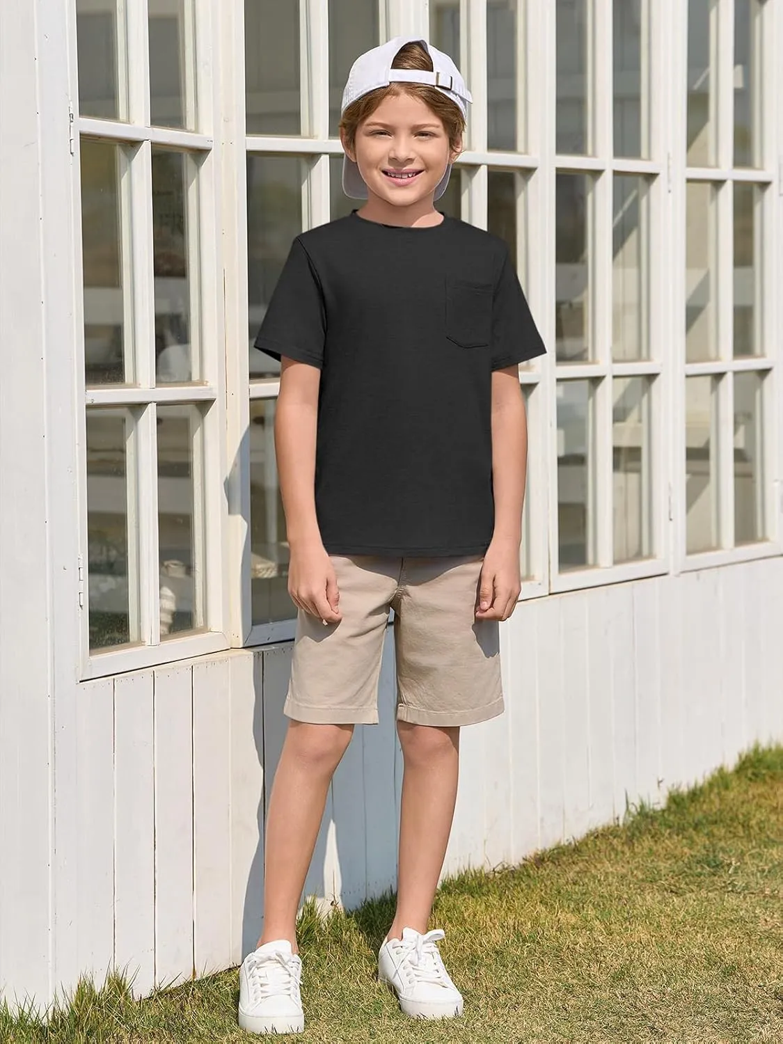 Haloumoning Boys T Shirts Kids Short Sleeve Pocket Shirt Crewneck Summer Basic Tee Tops 5-14 Years
