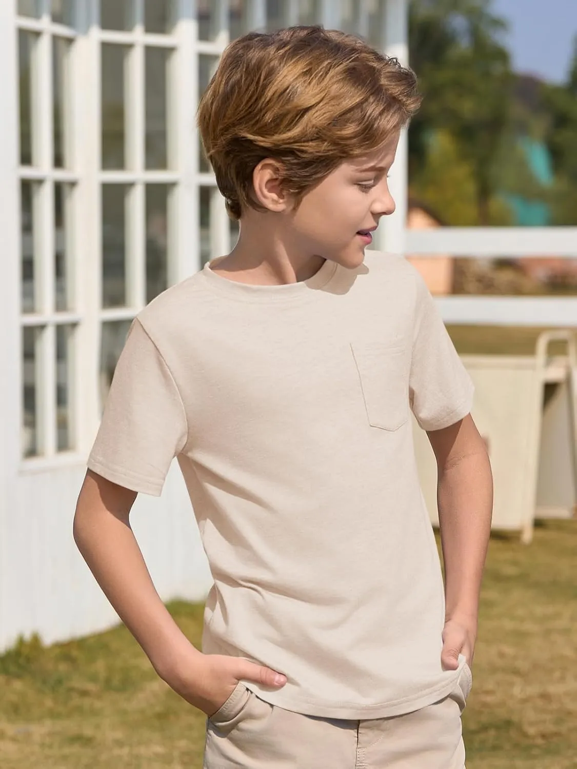 Haloumoning Boys T Shirts Kids Short Sleeve Pocket Shirt Crewneck Summer Basic Tee Tops 5-14 Years