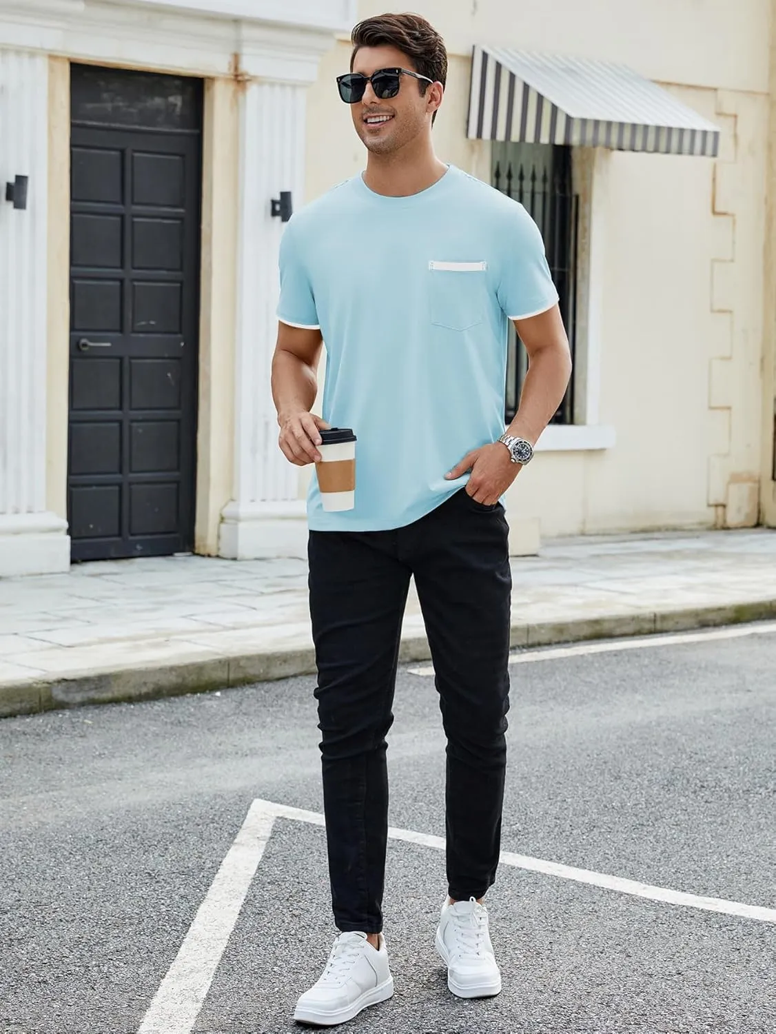 Hardaddy Men's Color Block Pullover Crew Neck Short Sleeve Tee Shirts with Pocket