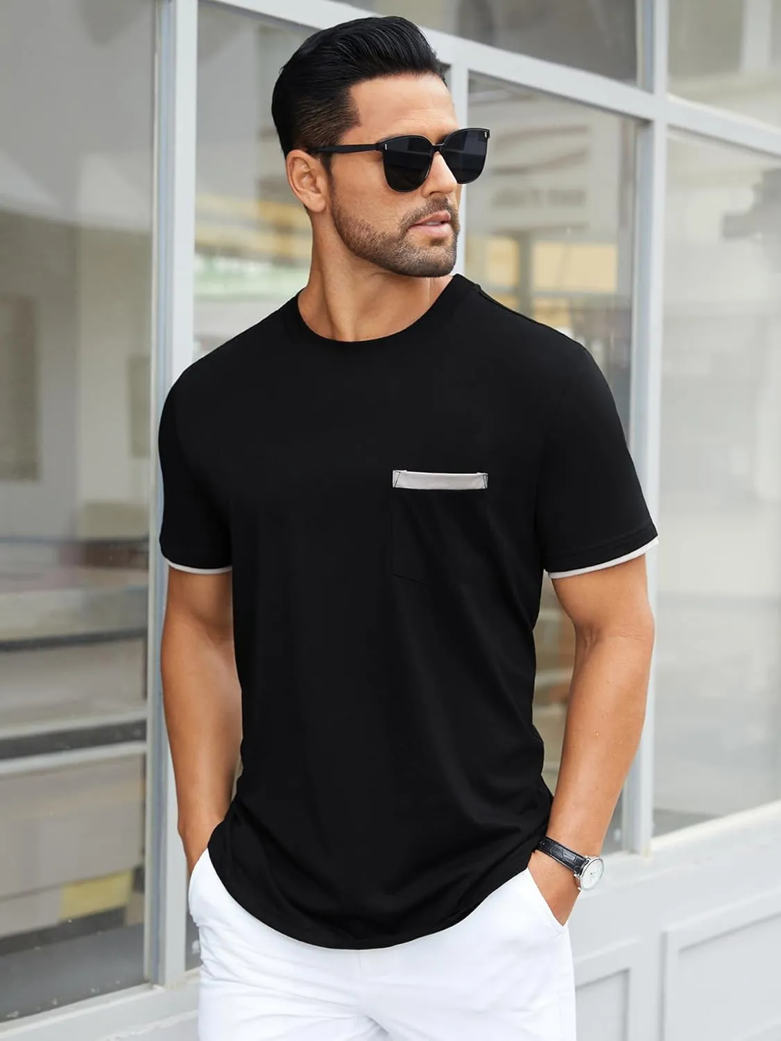 Hardaddy Men's Color Block Pullover Crew Neck Short Sleeve Tee Shirts with Pocket