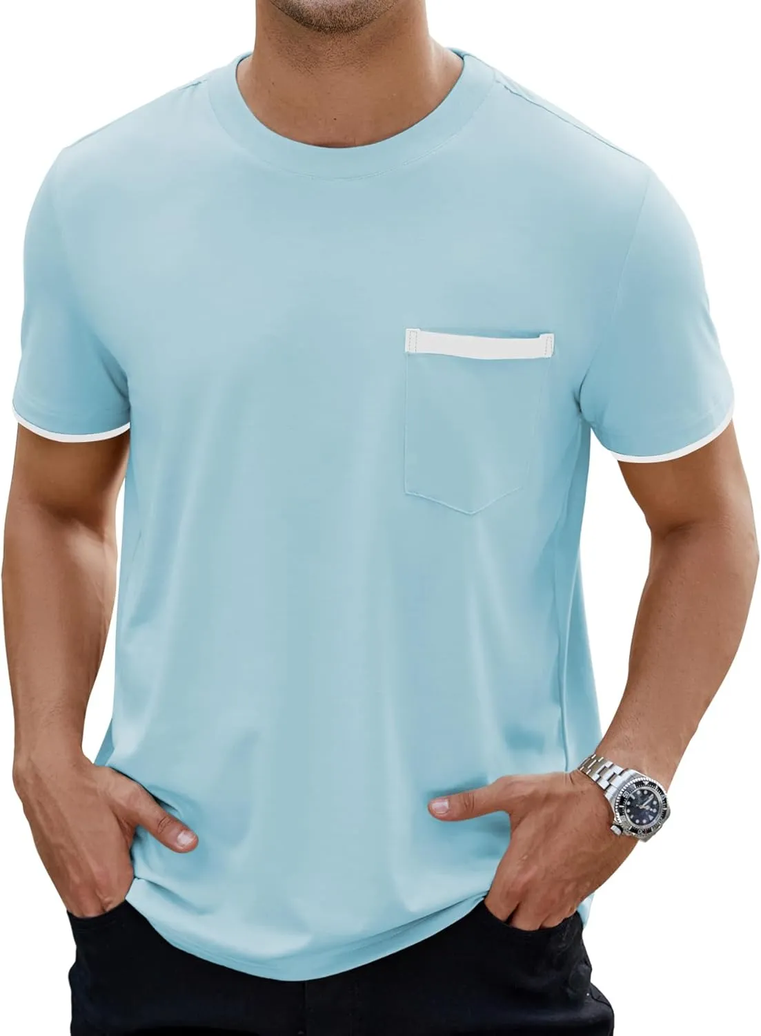 Hardaddy Men's Color Block Pullover Crew Neck Short Sleeve Tee Shirts with Pocket