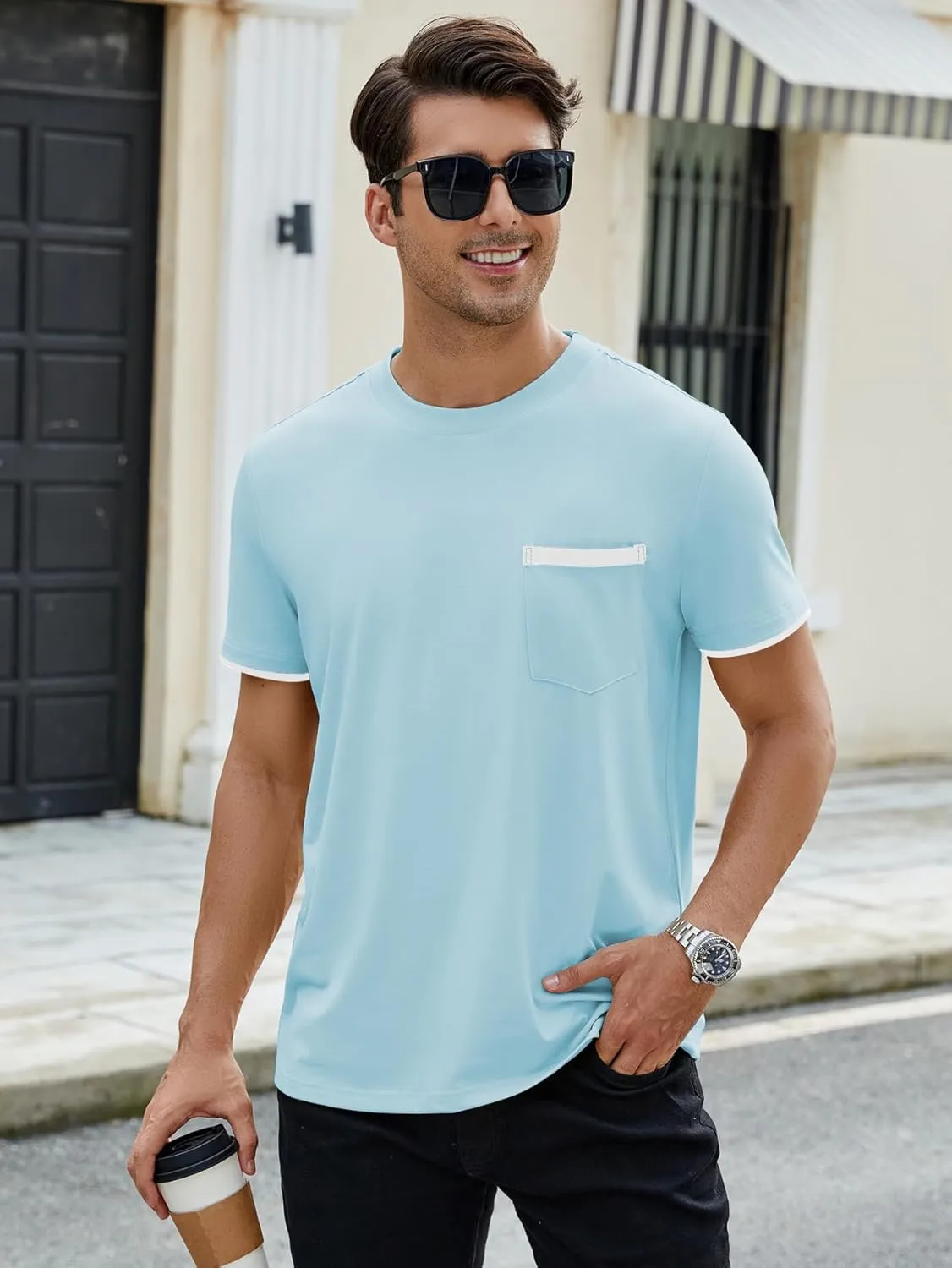 Hardaddy Men's Color Block Pullover Crew Neck Short Sleeve Tee Shirts with Pocket
