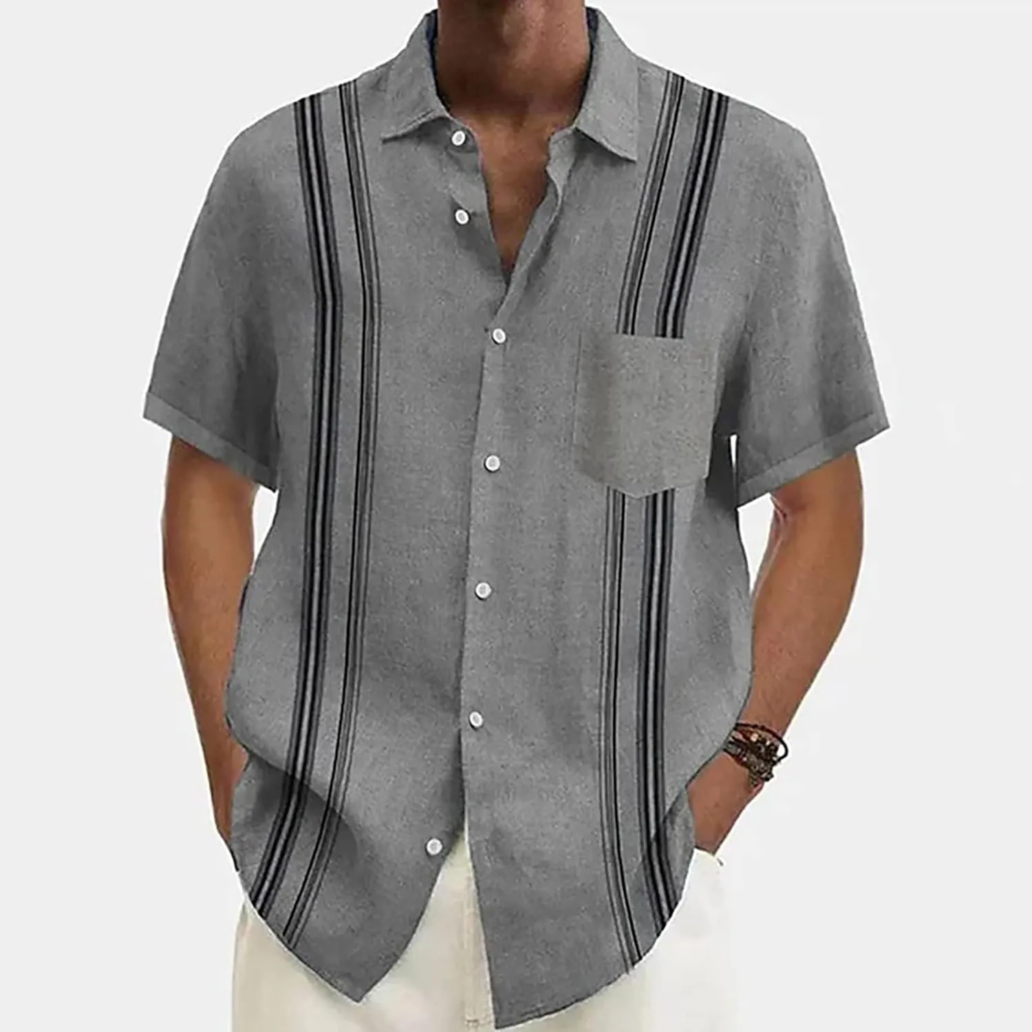 Hawaiian Shirt for Men, Men's Casual Cotton Linen Solid Color Short Sleeve Shirts Summer Loose Shirts
