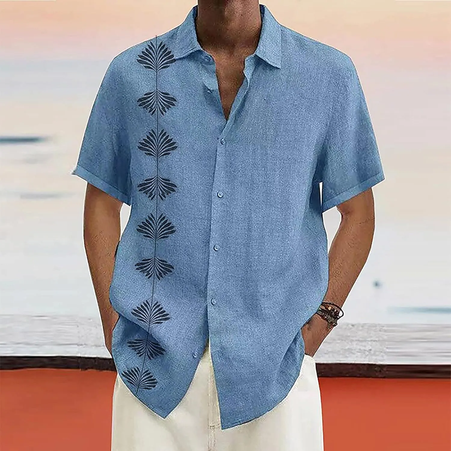 Hawaiian Shirt for Men, Men's Casual Cotton Linen Solid Color Short Sleeve Shirts Summer Loose Shirts