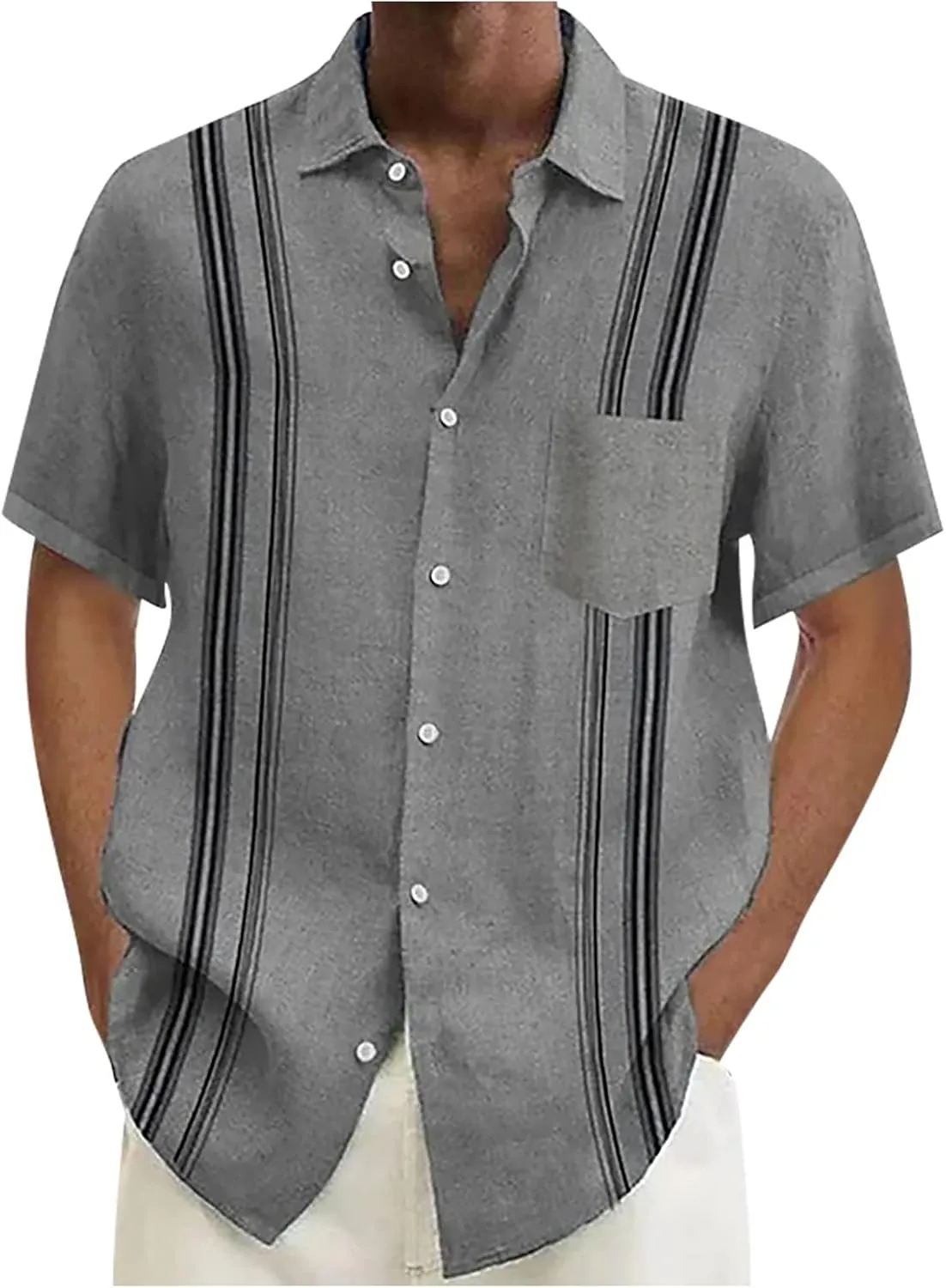 Hawaiian Shirt for Men, Men's Casual Cotton Linen Solid Color Short Sleeve Shirts Summer Loose Shirts