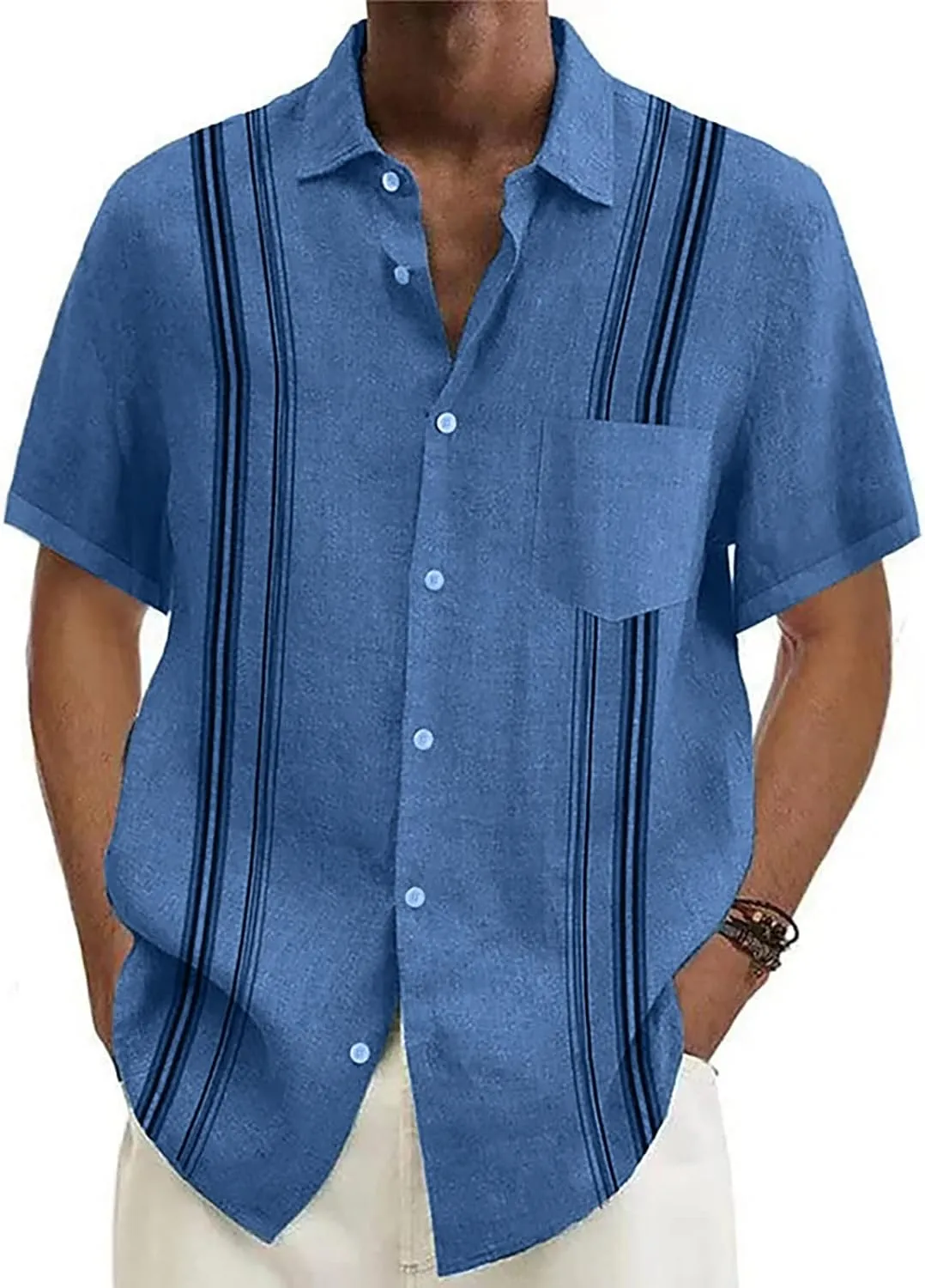 Hawaiian Shirt for Men, Men's Casual Cotton Linen Solid Color Short Sleeve Shirts Summer Loose Shirts