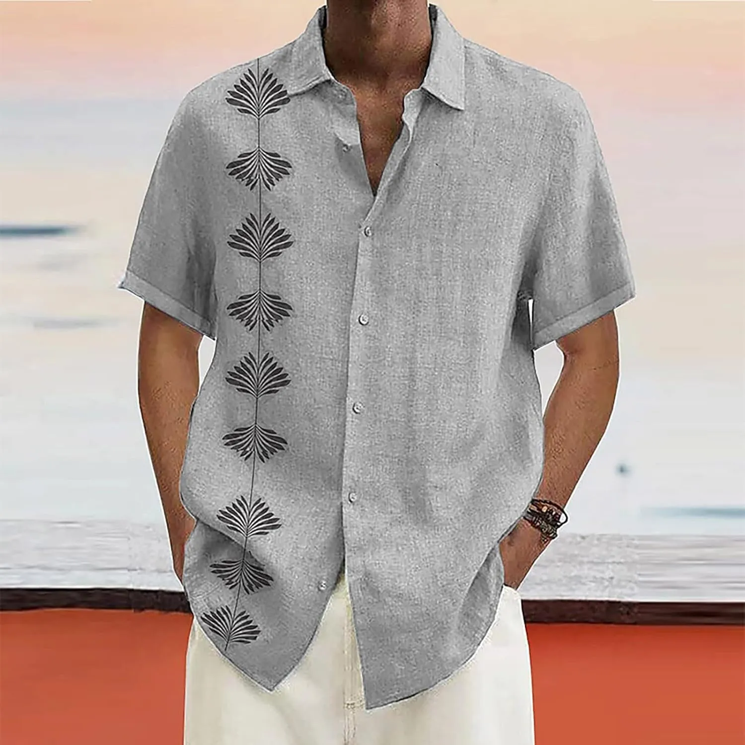Hawaiian Shirt for Men, Men's Casual Cotton Linen Solid Color Short Sleeve Shirts Summer Loose Shirts