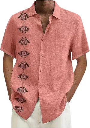 Hawaiian Shirt for Men, Men's Casual Cotton Linen Solid Color Short Sleeve Shirts Summer Loose Shirts
