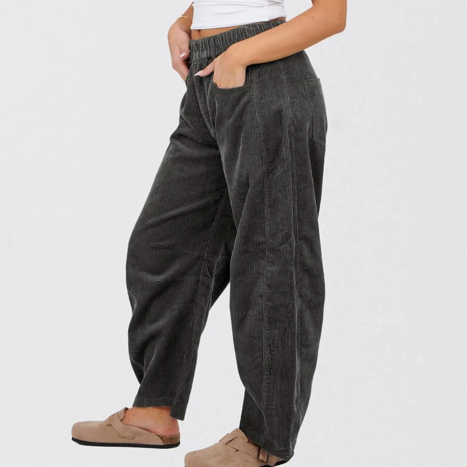 HGps8w Baggy Corduroy Pants for Women Loose Straight Leg Elastic High Waisted Business Casual Work Trousers with Pockets