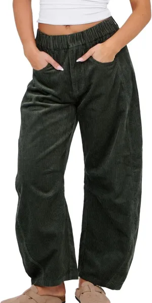 HGps8w Baggy Corduroy Pants for Women Loose Straight Leg Elastic High Waisted Business Casual Work Trousers with Pockets