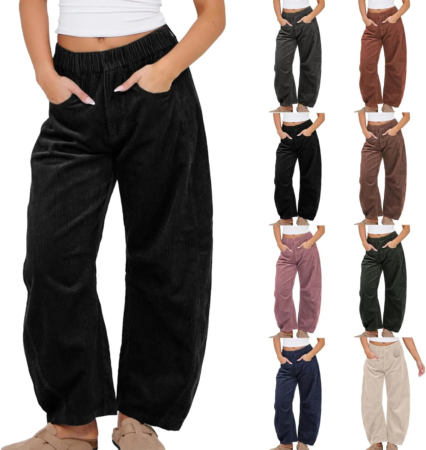 HGps8w Baggy Corduroy Pants for Women Loose Straight Leg Elastic High Waisted Business Casual Work Trousers with Pockets