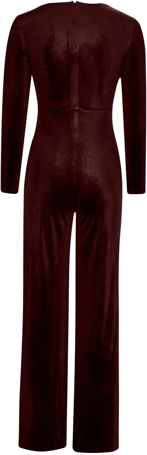 HGps8w Women Sexy V Neck Velvet Jumpsuits Long Sleeve Dressy Belted Romper Wide Leg Pants Onesie One Piece Elegant Pantsuits