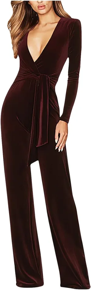 HGps8w Women Sexy V Neck Velvet Jumpsuits Long Sleeve Dressy Belted Romper Wide Leg Pants Onesie One Piece Elegant Pantsuits