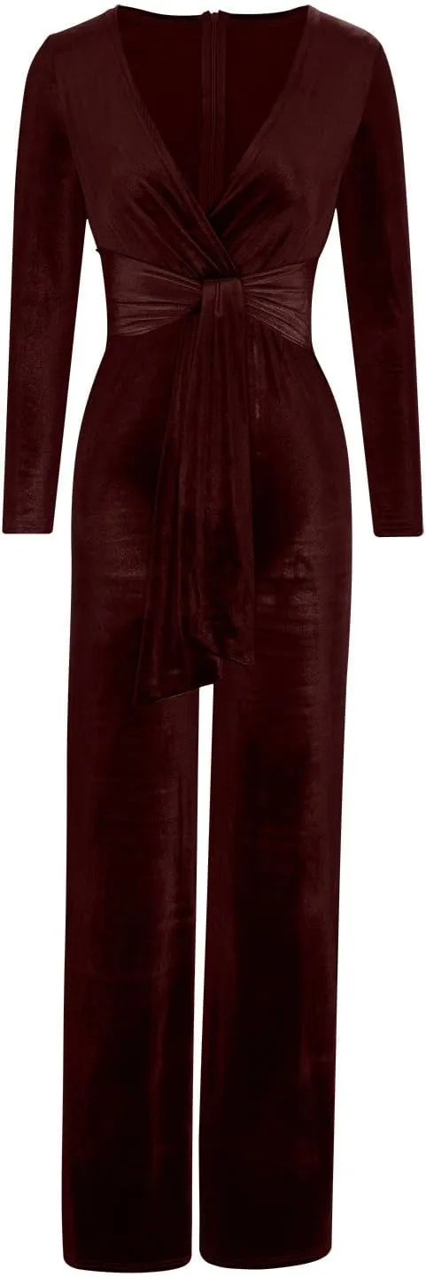 HGps8w Women Sexy V Neck Velvet Jumpsuits Long Sleeve Dressy Belted Romper Wide Leg Pants Onesie One Piece Elegant Pantsuits