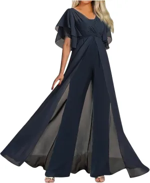 HGps8w Women's Dressy Flowy Cloak Jumpsuits 2025 Summer Elegant V Neck High Waisted Straight Leg Formal Pantsuits Rompers