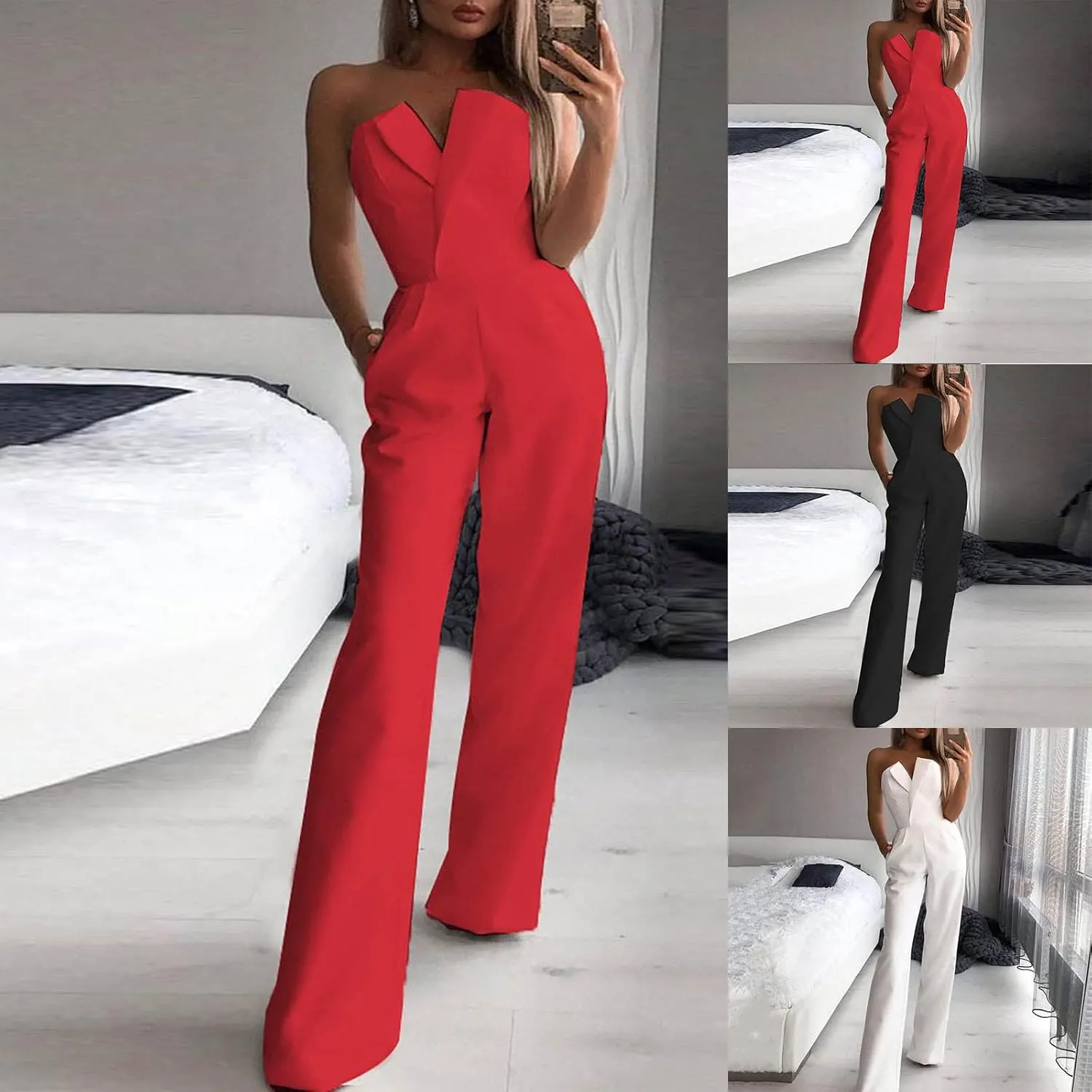 HGps8w Women's Strapless Dressy Business Jumpsuits Elegant High Waisted Straight Leg Formal Pantsuits Rompers with Pockets