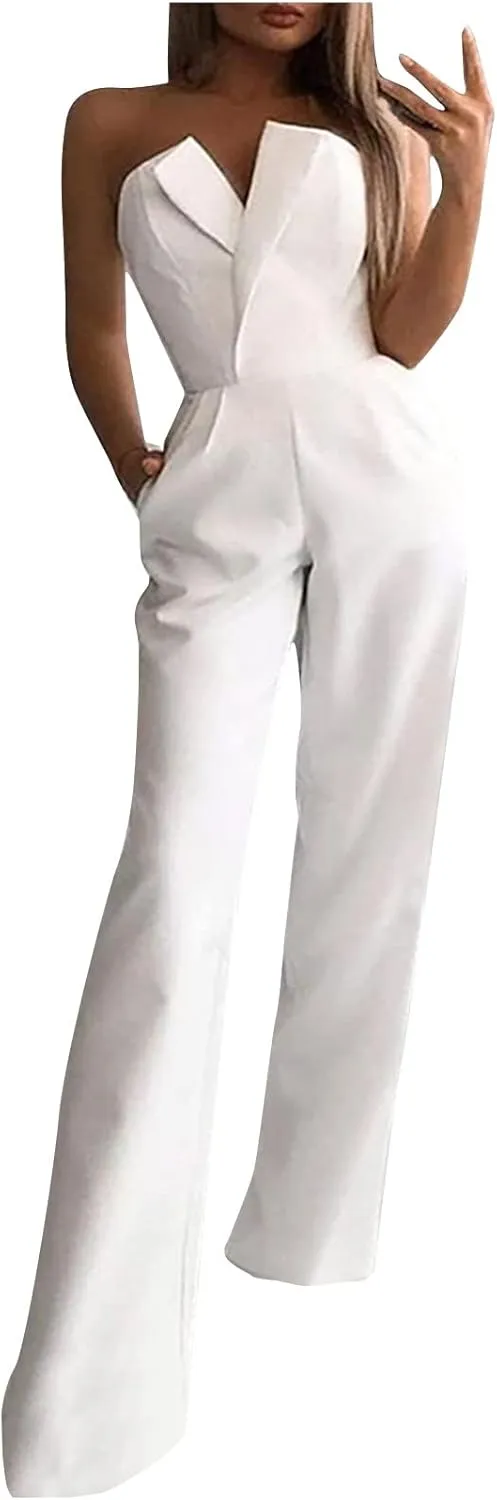 HGps8w Women's Strapless Dressy Business Jumpsuits Elegant High Waisted Straight Leg Formal Pantsuits Rompers with Pockets