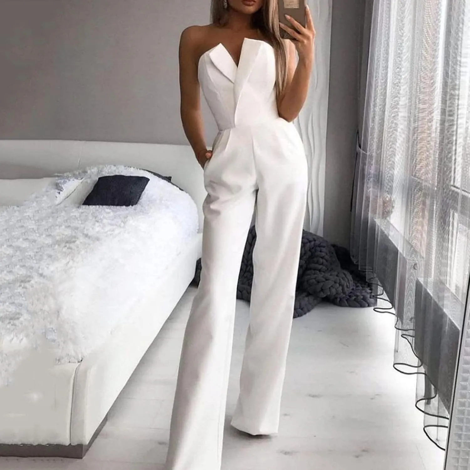 HGps8w Women's Strapless Dressy Business Jumpsuits Elegant High Waisted Straight Leg Formal Pantsuits Rompers with Pockets
