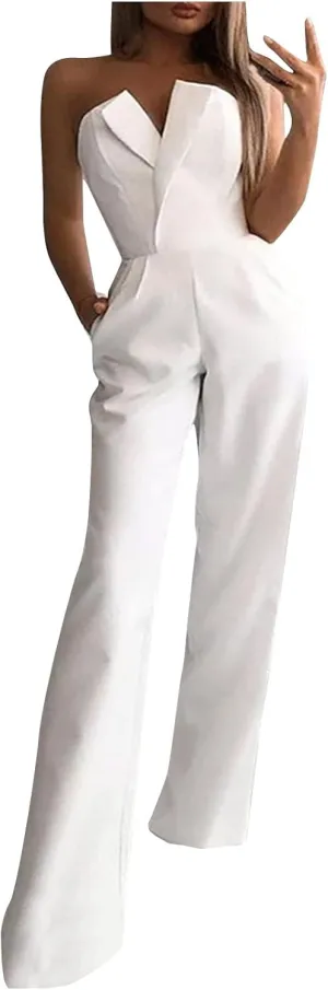 HGps8w Women's Strapless Dressy Business Jumpsuits Elegant High Waisted Straight Leg Formal Pantsuits Rompers with Pockets