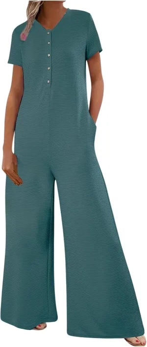 HGps8w Women's Summer Casual Wide Leg Jumpsuits Short Sleeve Loose Button Down Rompers One Piece Outfits with Pockets