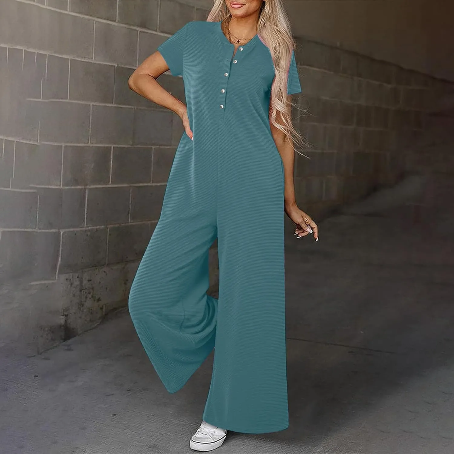 HGps8w Women's Summer Casual Wide Leg Jumpsuits Short Sleeve Loose Button Down Rompers One Piece Outfits with Pockets