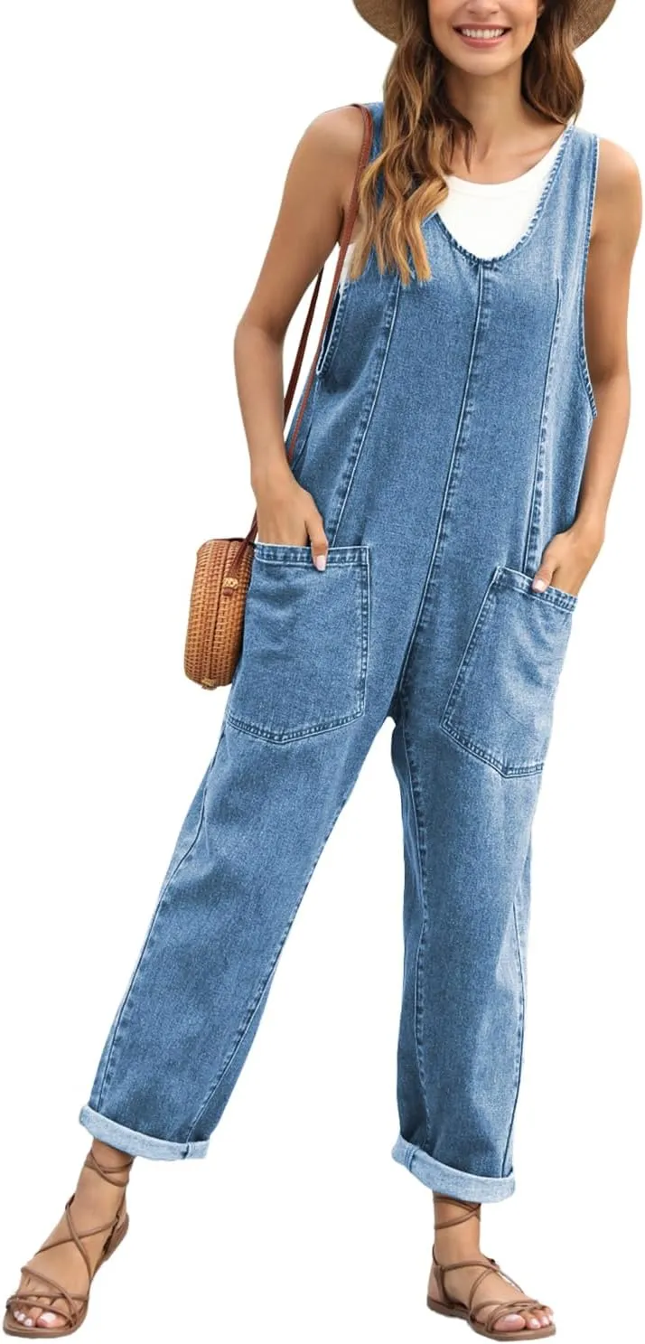 High Roller Denim Jumpsuits for Women Casual Sleeveless Loose Baggy Overalls Jeans Pants Jumpers with Pockets